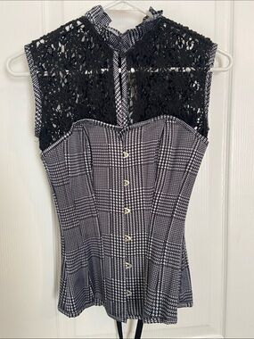 Black & White Plaid Corset Story Top with Lace